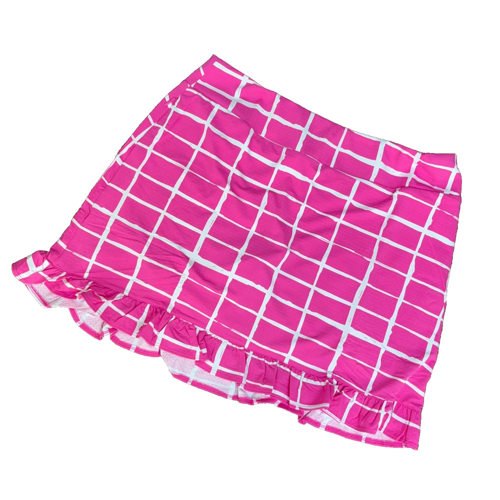 IBKUL Pink Ruffle Hem Skort Women Large Golf Front Zip Pockets Back Pull-On